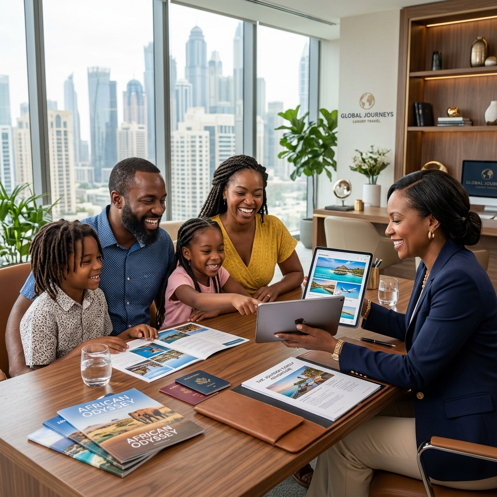 Black family with professional travel consultant